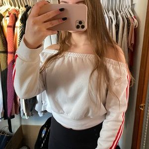 white w/ red stripes off the shoulder sweatshirt